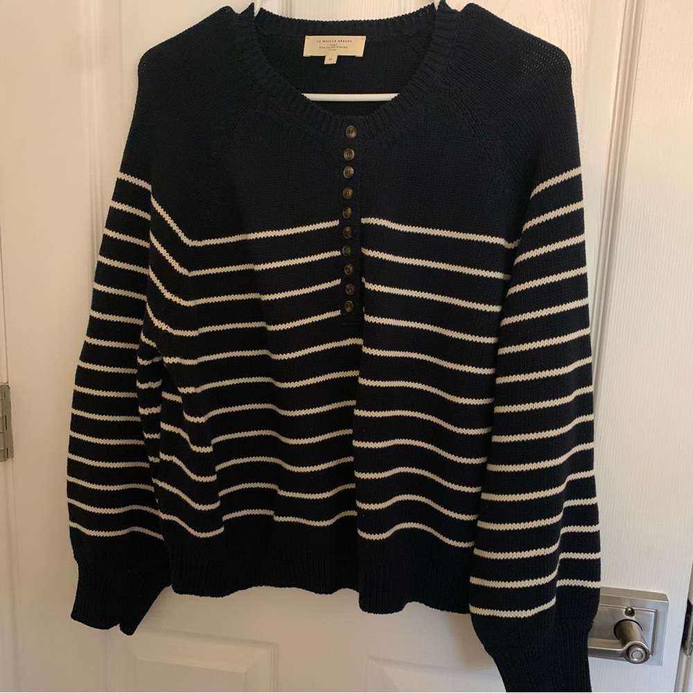 Sezane Leontine Sweater Navy/Ecru Size Medium